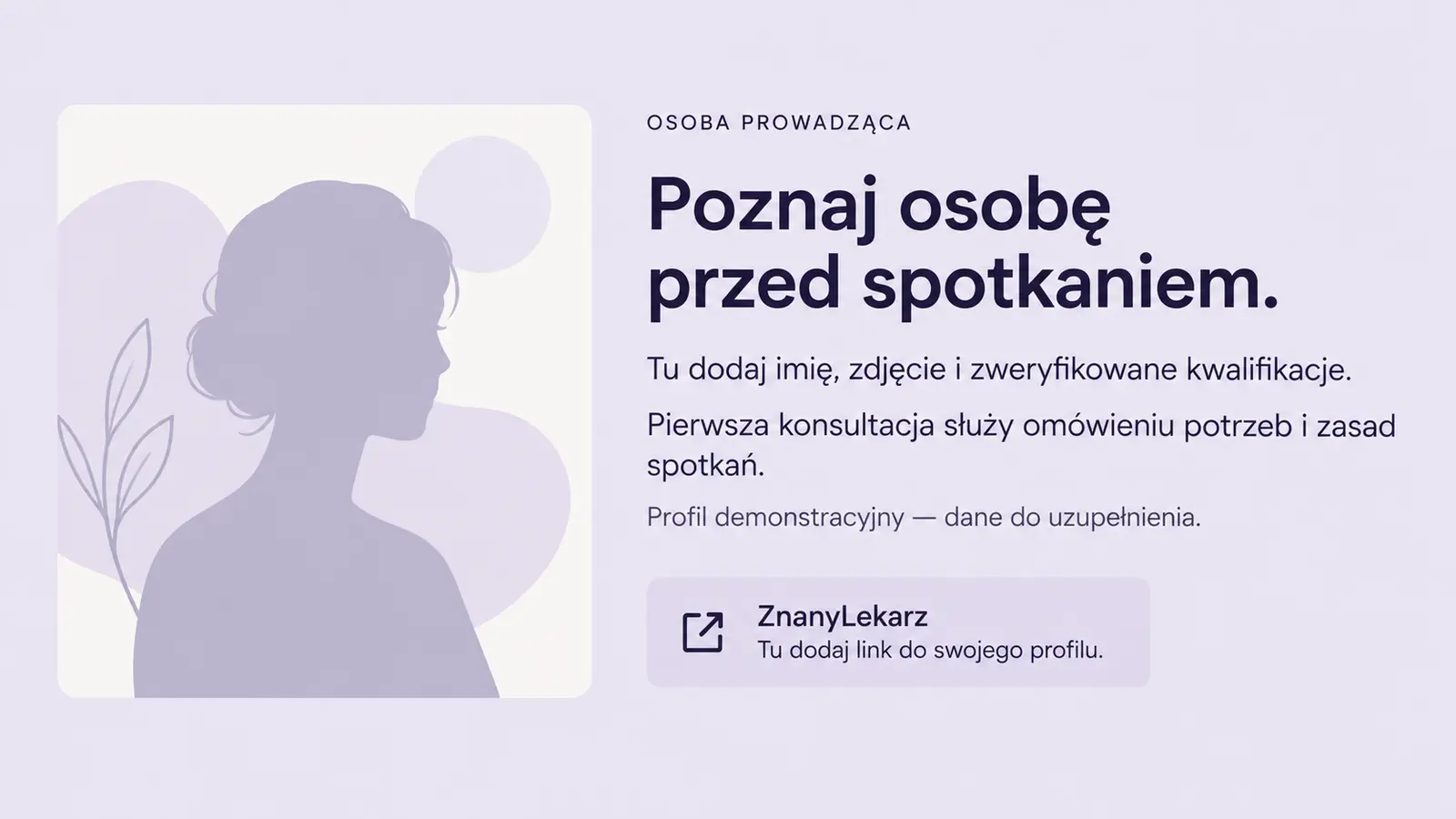 Projekt szablonu Rezerwacje dla psychologa — sekcja Profil i podejście