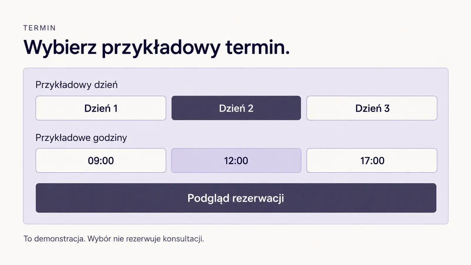 Projekt szablonu Rezerwacje dla psychologa — sekcja Wybór terminu