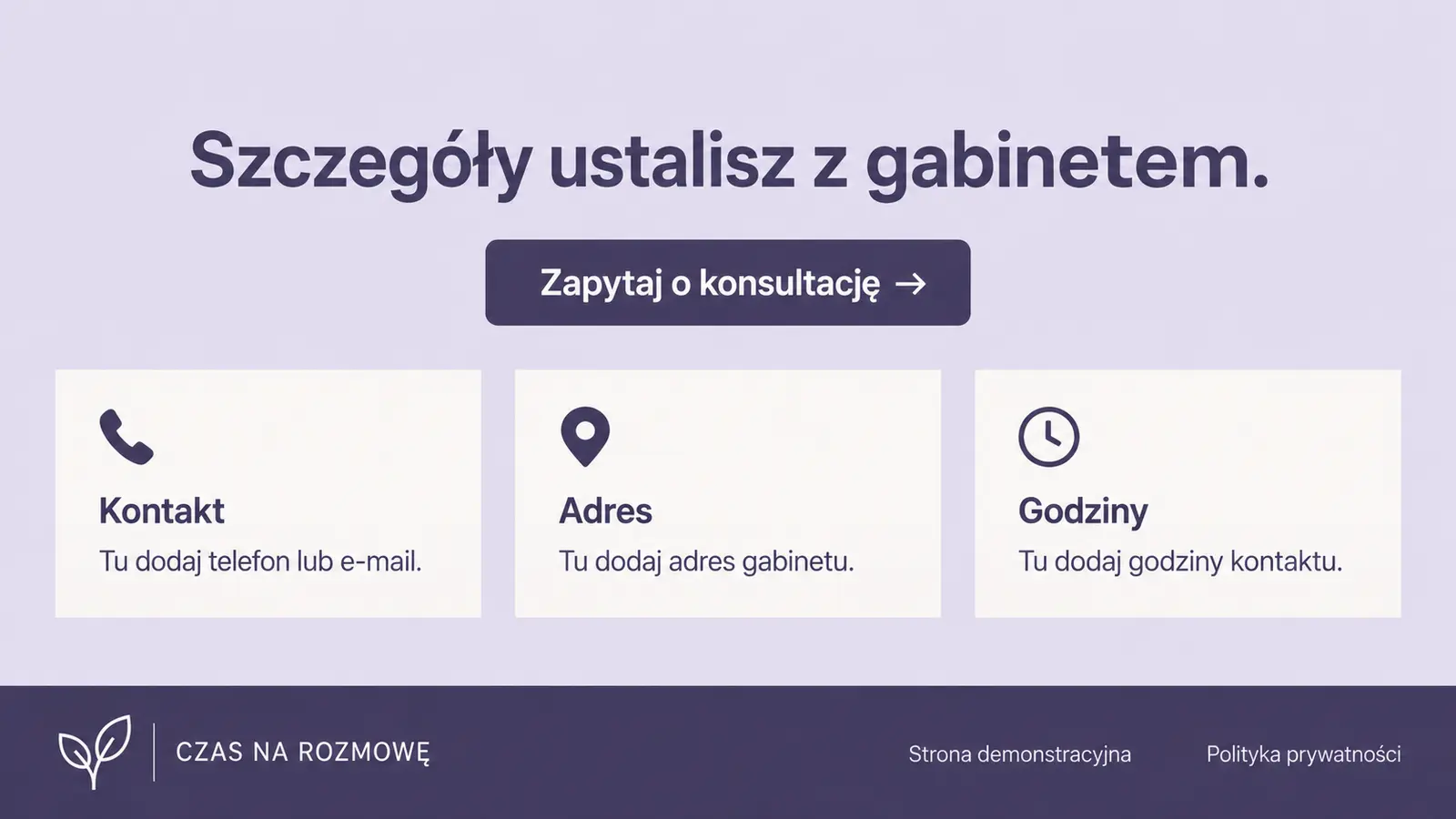 Projekt szablonu Rezerwacje dla psychologa — sekcja Potwierdzenie i kontakt