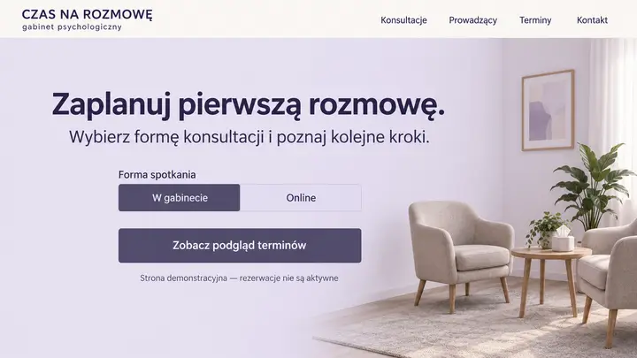Projekt szablonu Rezerwacje dla branży Psycholog — pierwszy ekran