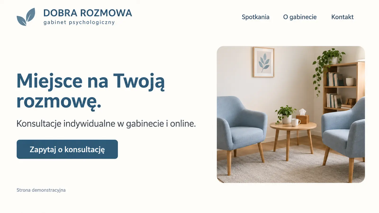 Projekt szablonu Wizytówka dla psychologa — sekcja Krótka oferta konsultacji