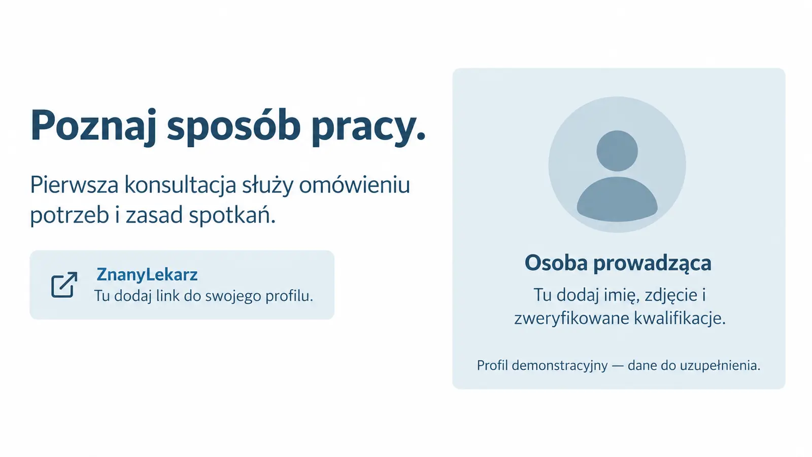 Projekt szablonu Wizytówka dla psychologa — sekcja Podejście i dane prowadzącego