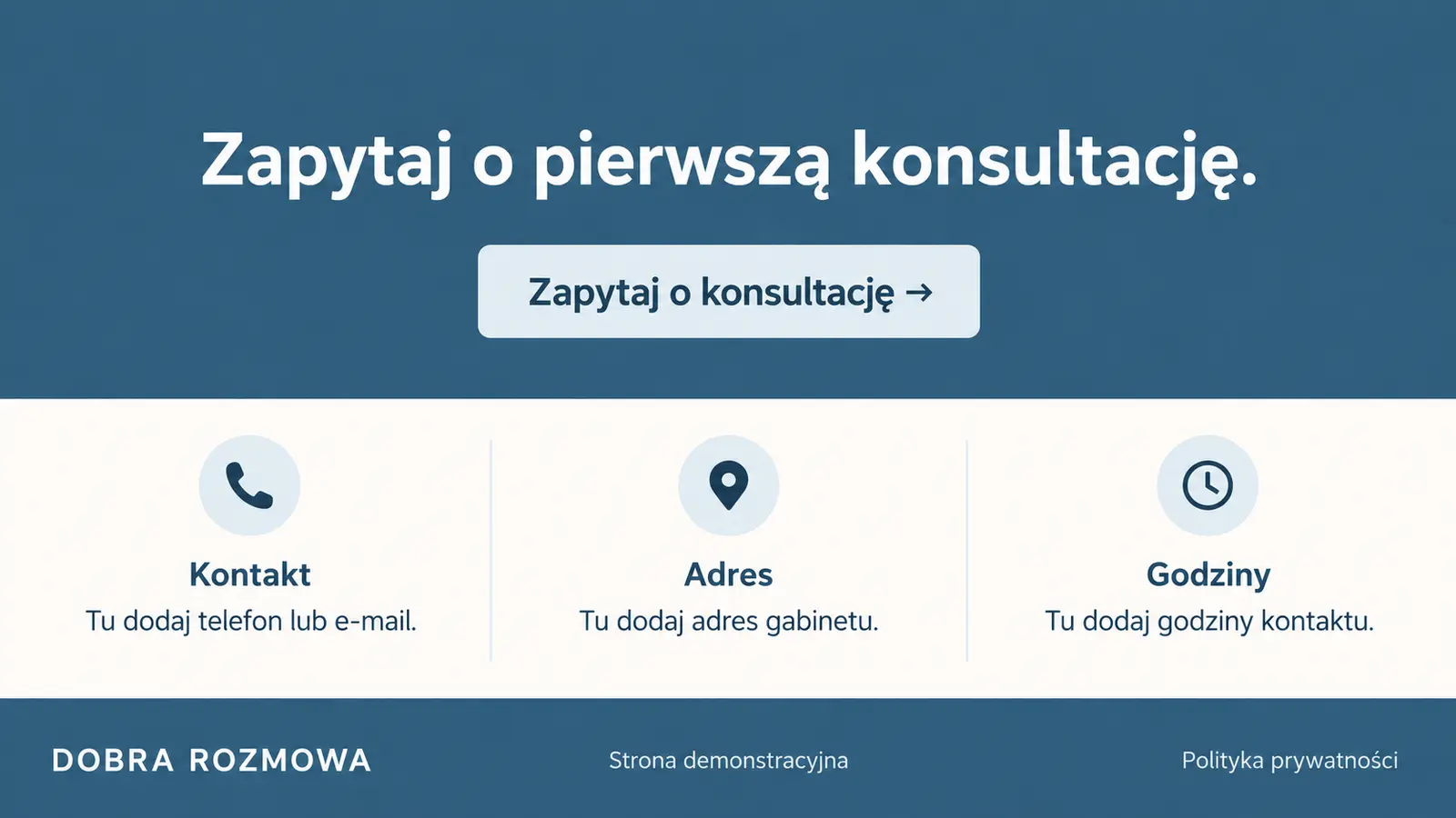 Projekt szablonu Wizytówka dla psychologa — sekcja Kontakt i stopka