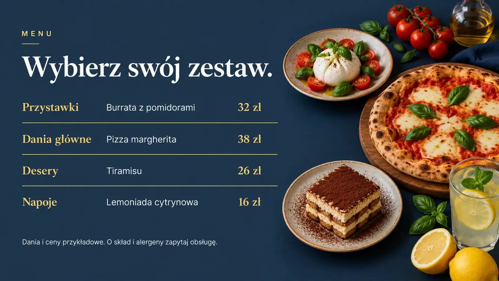 Projekt szablonu Galeria dla restauracji — sekcja Menu tekstowe z cenami