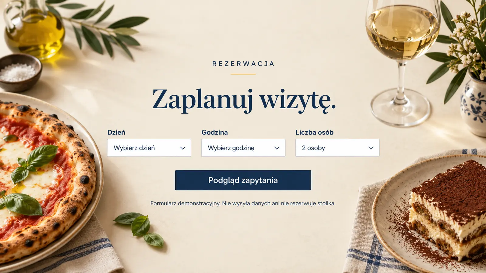 Projekt szablonu Galeria dla restauracji — sekcja Zapytanie o stolik