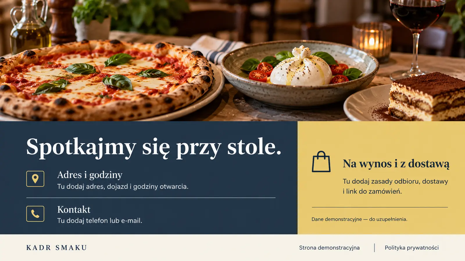 Projekt szablonu Galeria dla restauracji — sekcja Kontakt i dostawa