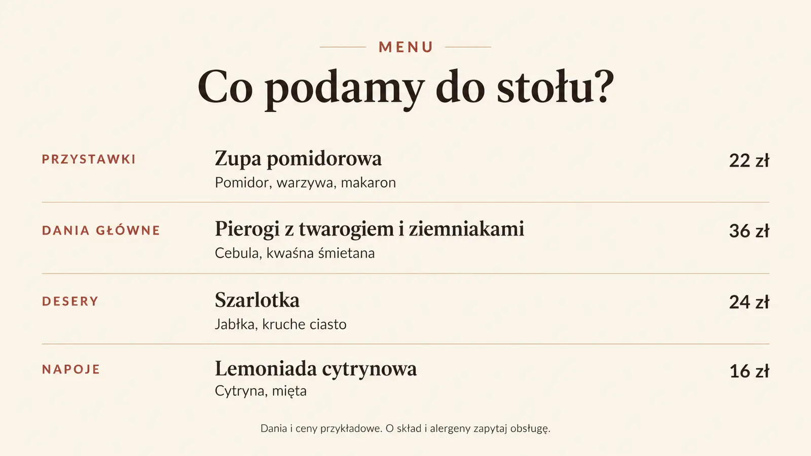 Projekt szablonu Klasyczny dla restauracji — sekcja Tekstowe menu