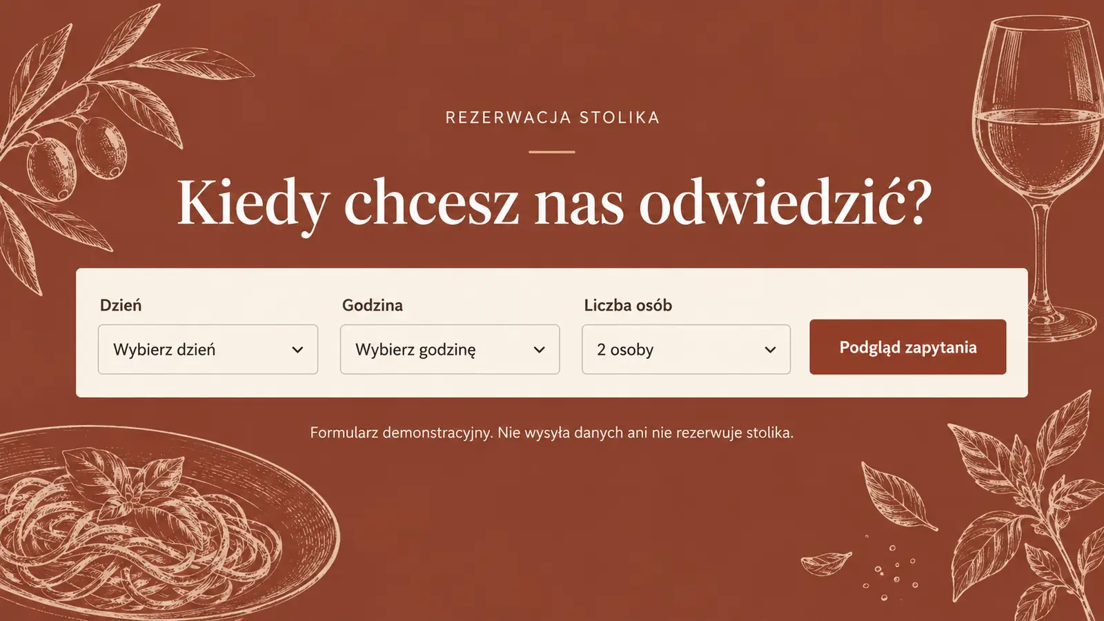 Projekt szablonu Klasyczny dla restauracji — sekcja Zapytanie o stolik