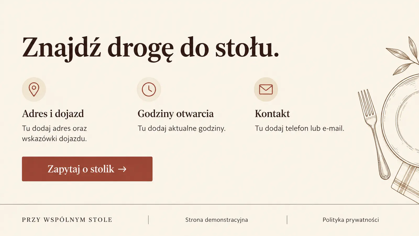 Projekt szablonu Klasyczny dla restauracji — sekcja Godziny, dojazd i kontakt