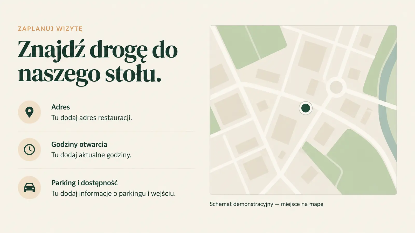 Projekt szablonu Lokalny dla restauracji — sekcja Dojazd i godziny