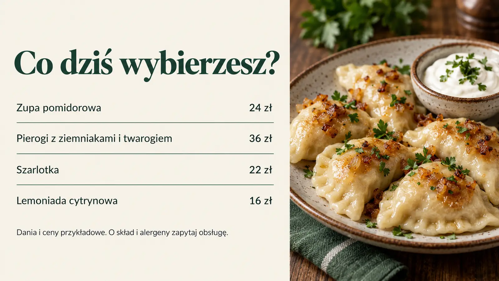 Projekt szablonu Lokalny dla restauracji — sekcja Krótka karta dań