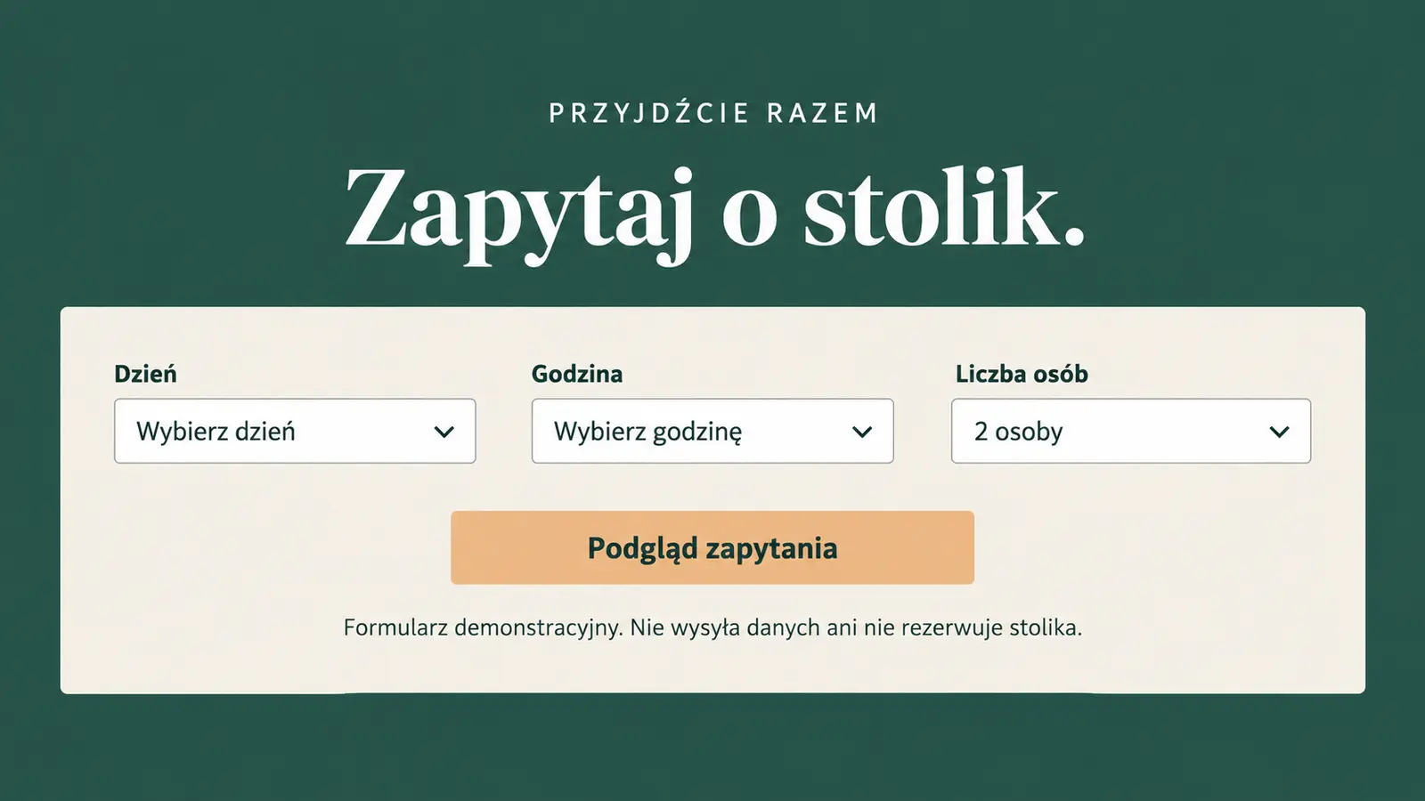Projekt szablonu Lokalny dla restauracji — sekcja Zapytanie o stolik