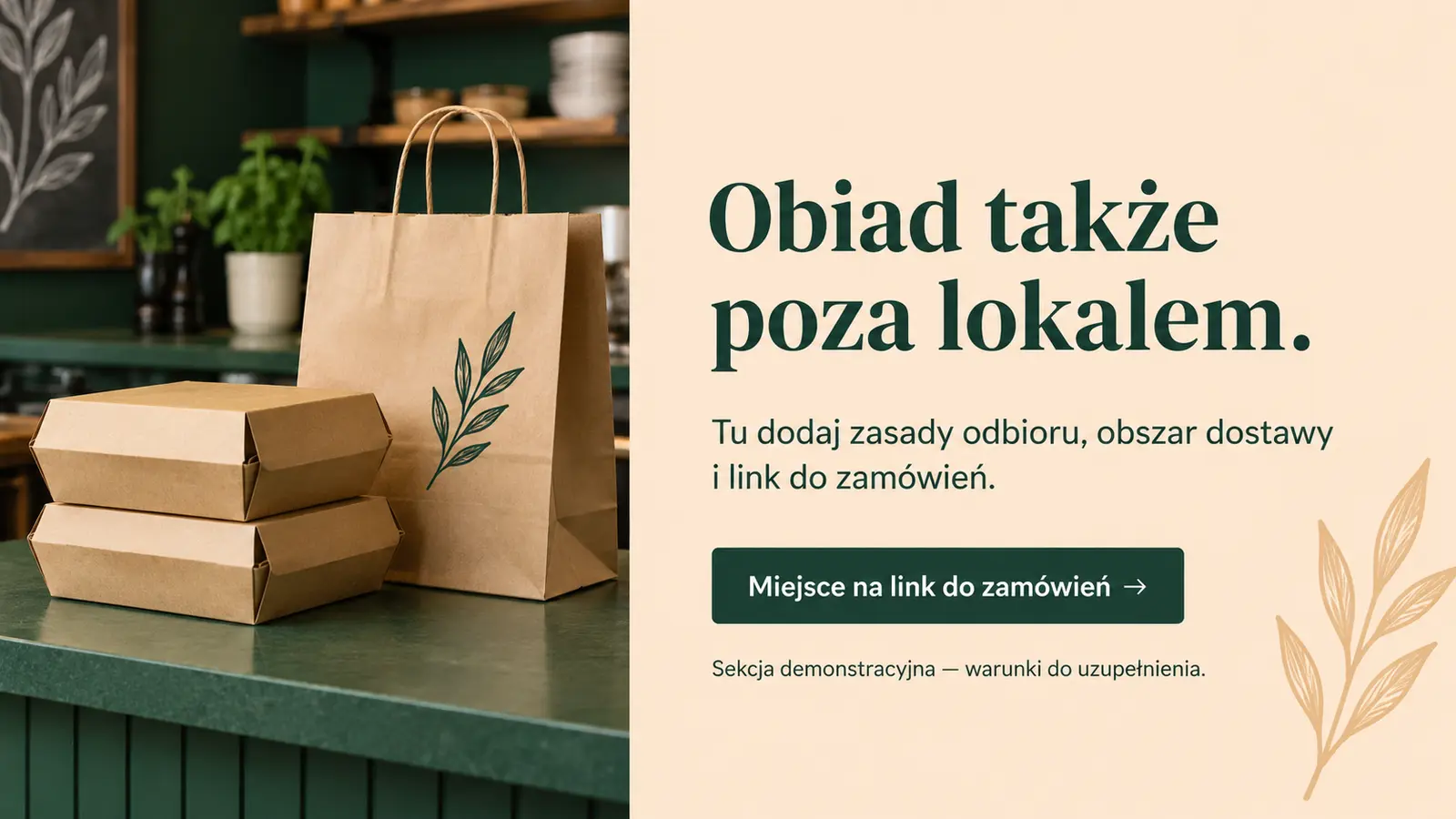 Projekt szablonu Lokalny dla restauracji — sekcja Odbiór i dostawa