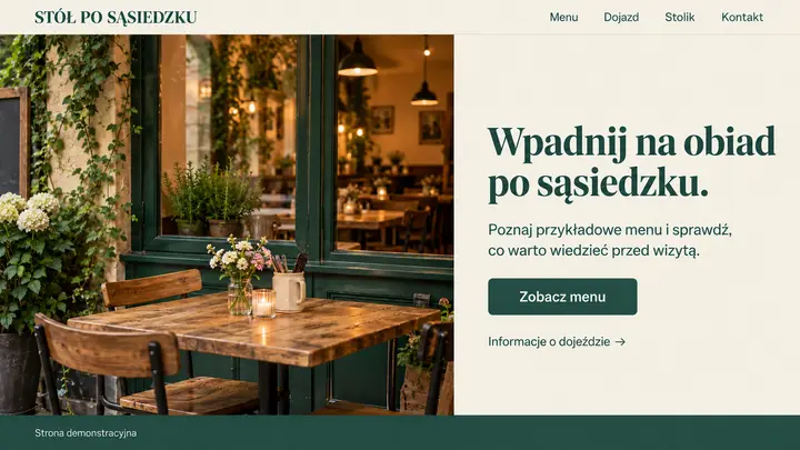 Projekt szablonu Lokalny dla branży Restauracja — pierwszy ekran