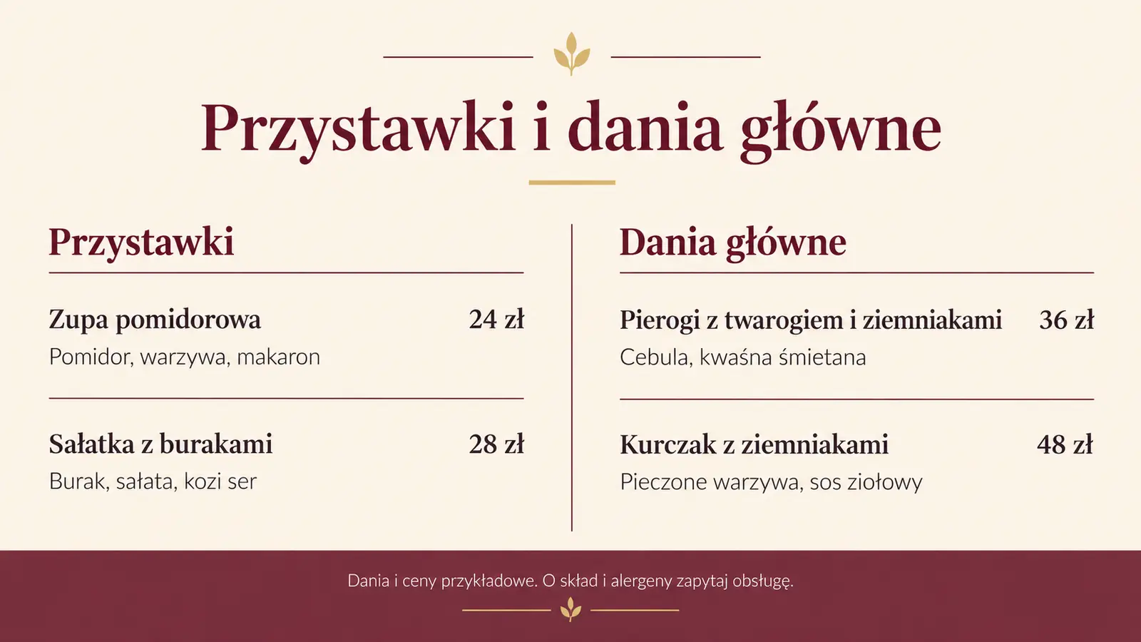 Projekt szablonu Menu dla restauracji — sekcja Przystawki i dania główne
