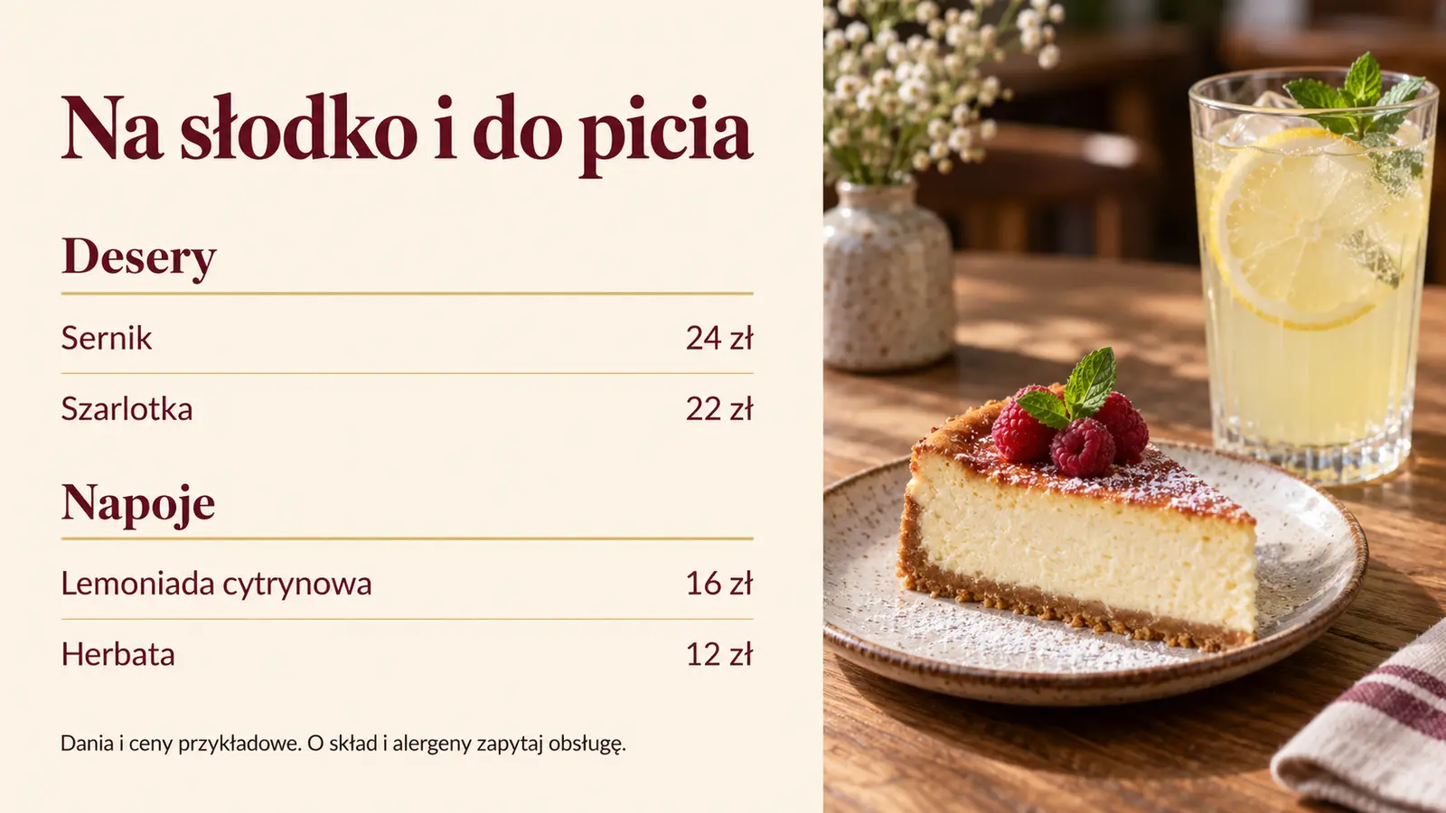 Projekt szablonu Menu dla restauracji — sekcja Desery i napoje