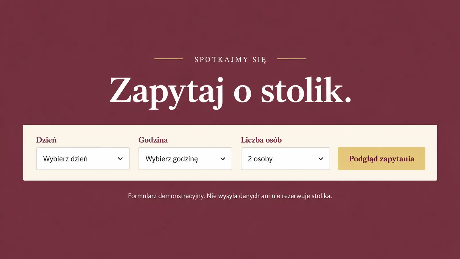 Projekt szablonu Menu dla restauracji — sekcja Zapytanie o stolik po menu