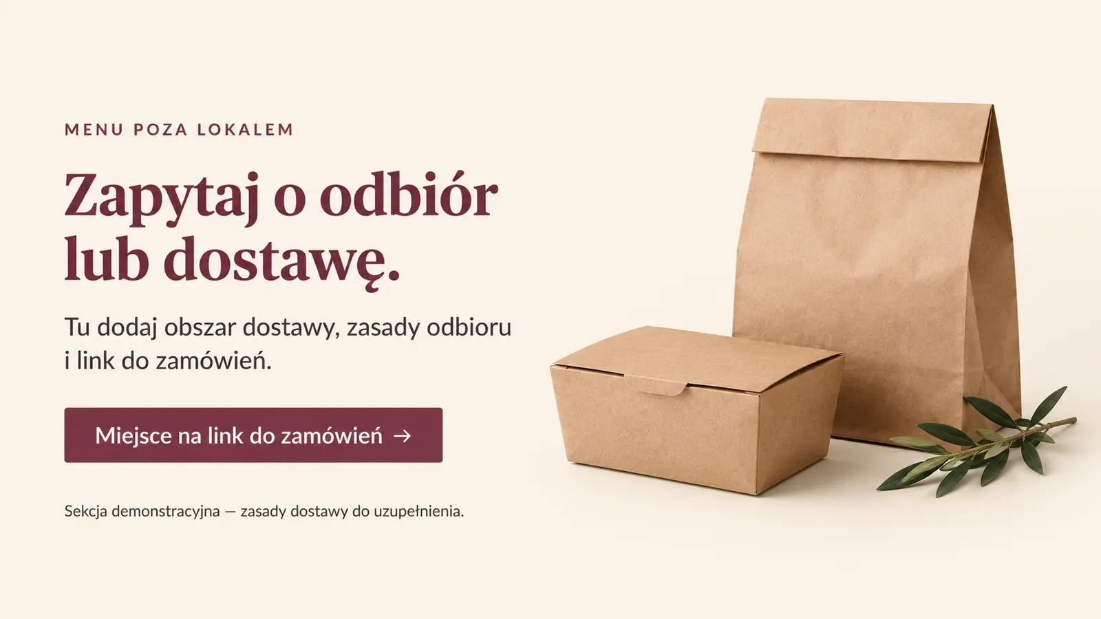Projekt szablonu Menu dla restauracji — sekcja Odbiór i dostawa