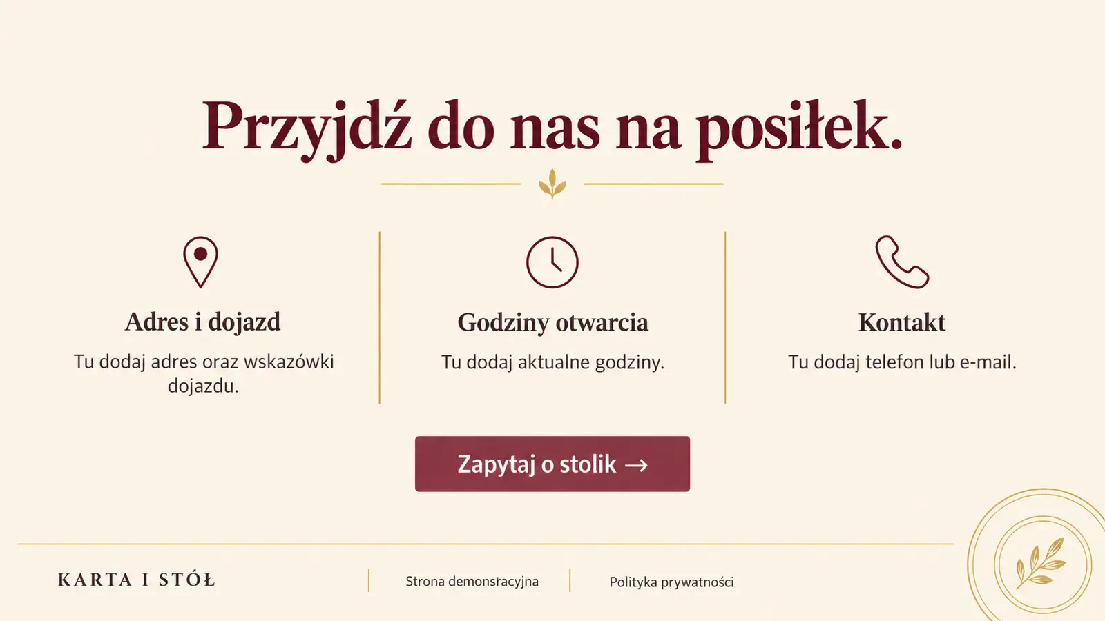 Projekt szablonu Menu dla restauracji — sekcja Kontakt i informacje praktyczne