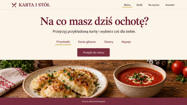 Projekt szablonu Menu dla branży Restauracja — pierwszy ekran