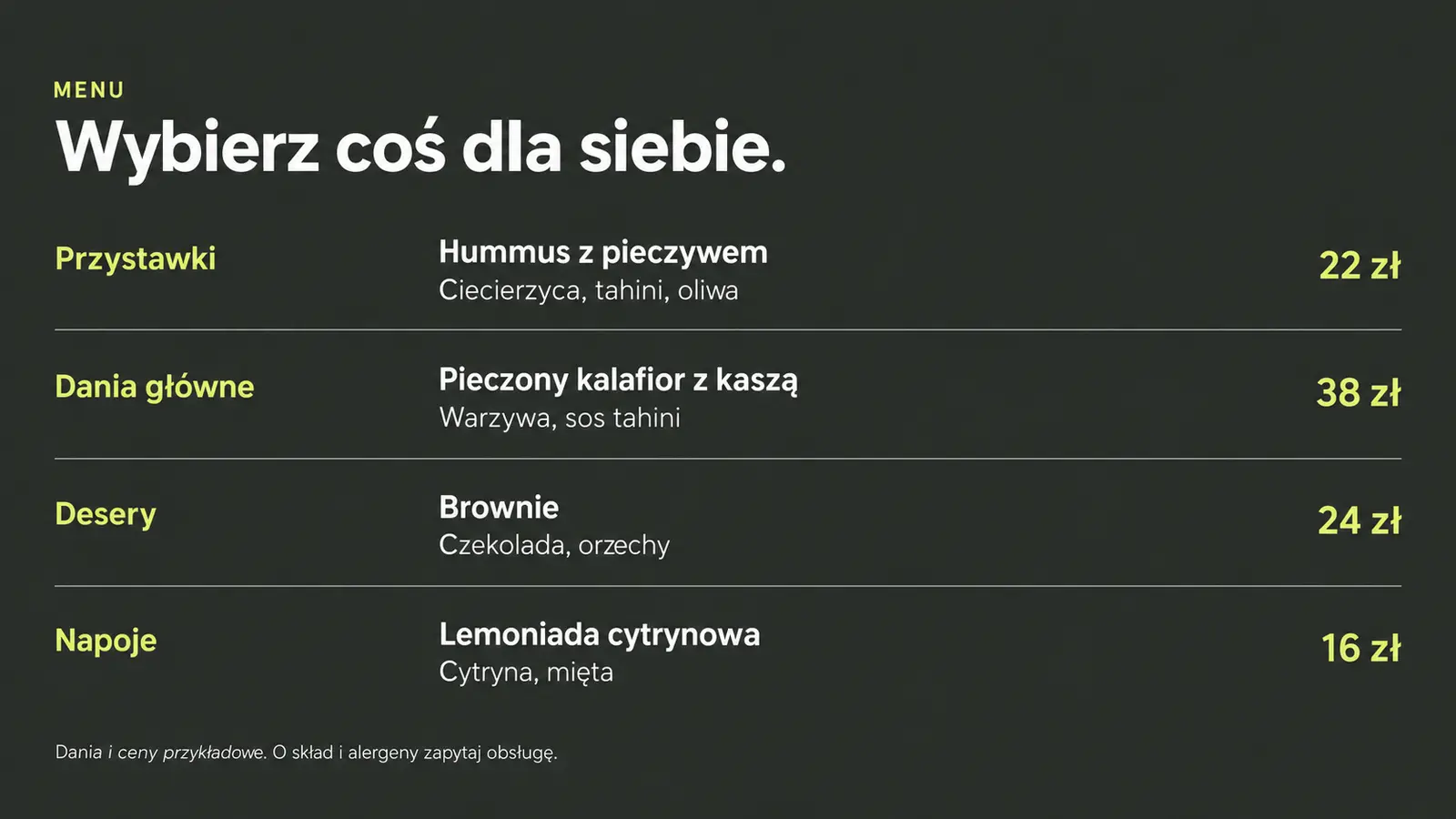 Projekt szablonu Nowoczesny dla restauracji — sekcja Tekstowa karta menu