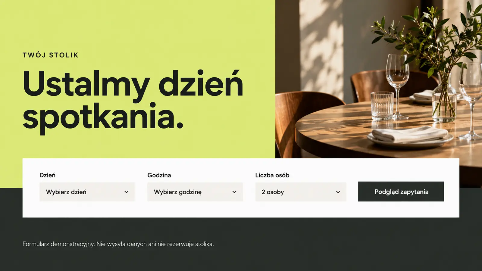 Projekt szablonu Nowoczesny dla restauracji — sekcja Zapytanie o stolik