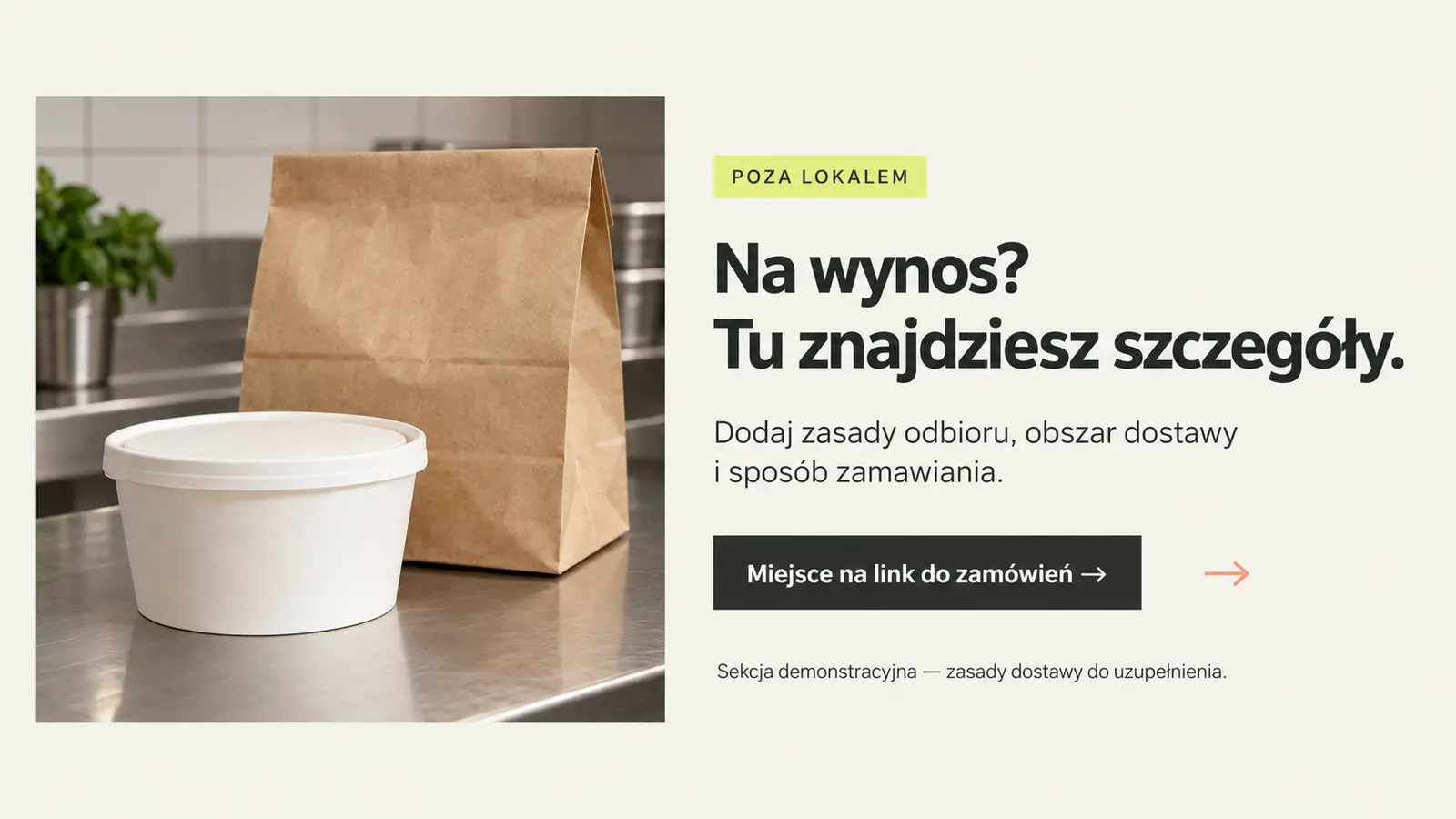 Projekt szablonu Nowoczesny dla restauracji — sekcja Dostawa i odbiór