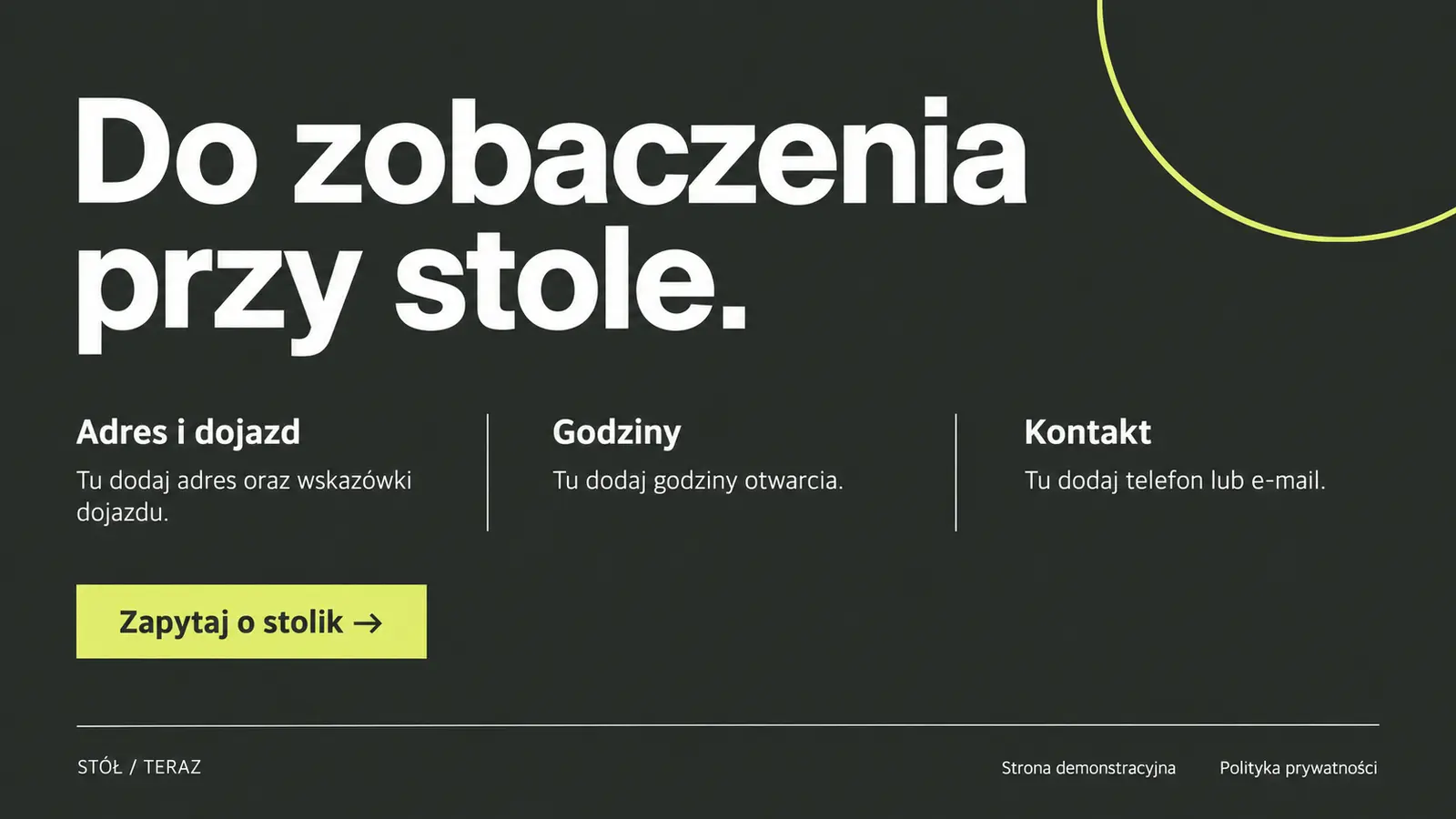 Projekt szablonu Nowoczesny dla restauracji — sekcja Praktyczne informacje i stopka