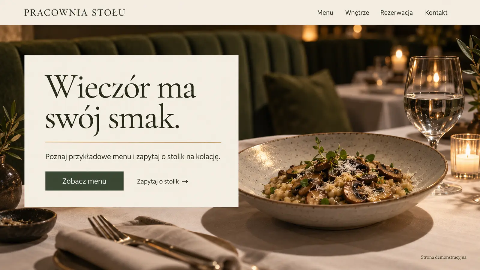 Projekt szablonu Premium dla restauracji — sekcja Zaproszenie na kolację