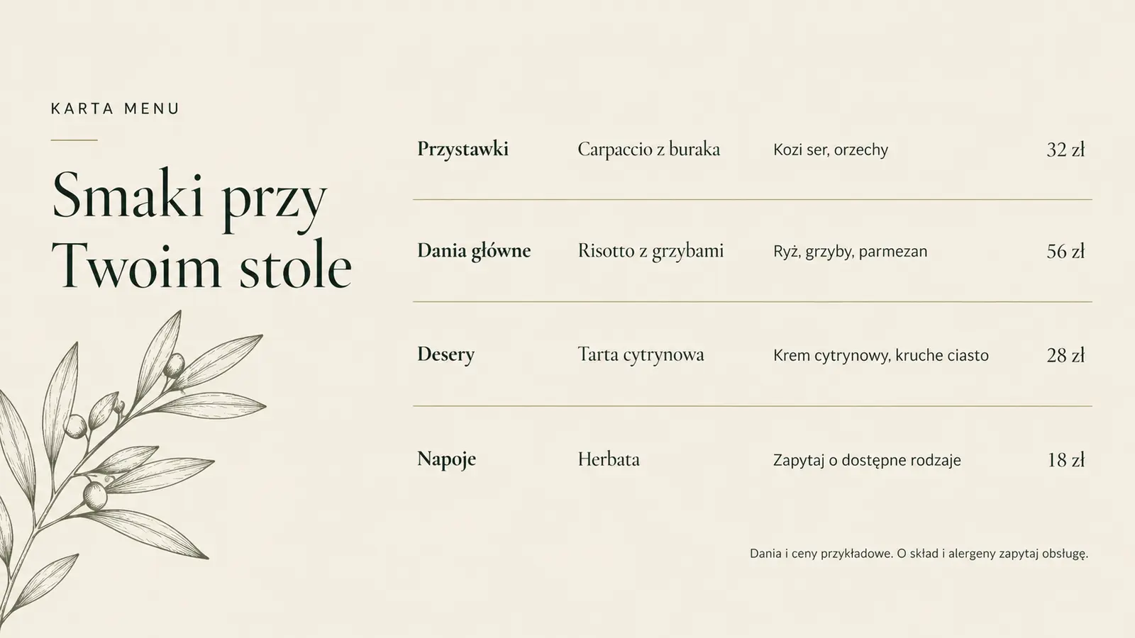 Projekt szablonu Premium dla restauracji — sekcja Karta menu w tekście