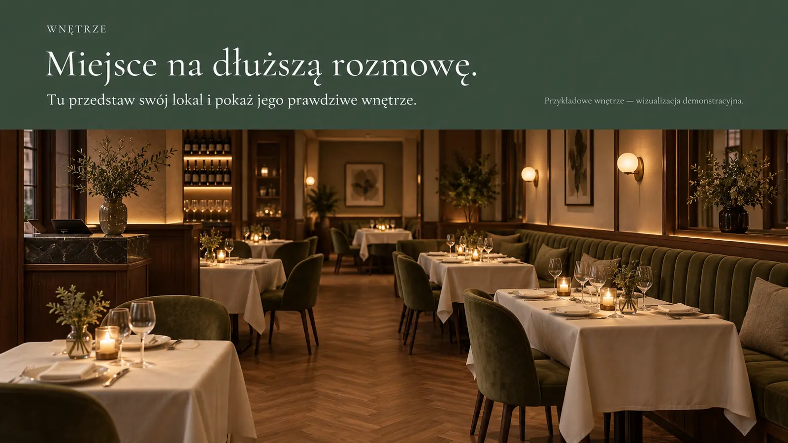 Projekt szablonu Premium dla restauracji — sekcja Atmosfera wnętrza