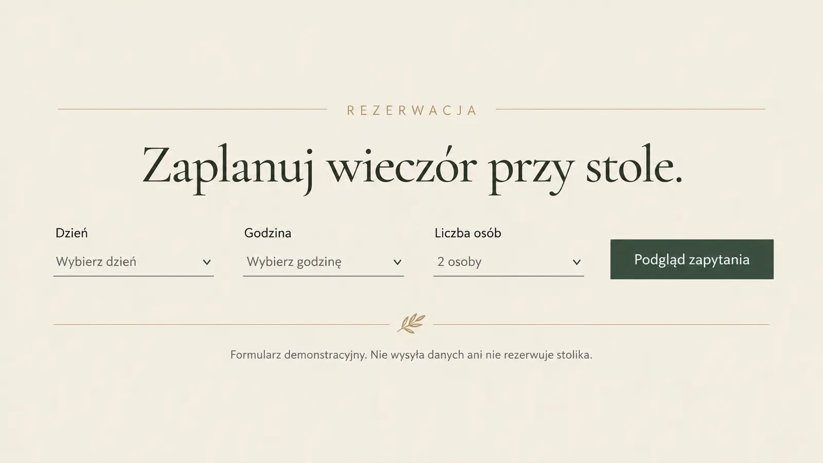 Projekt szablonu Premium dla restauracji — sekcja Zapytanie o stolik
