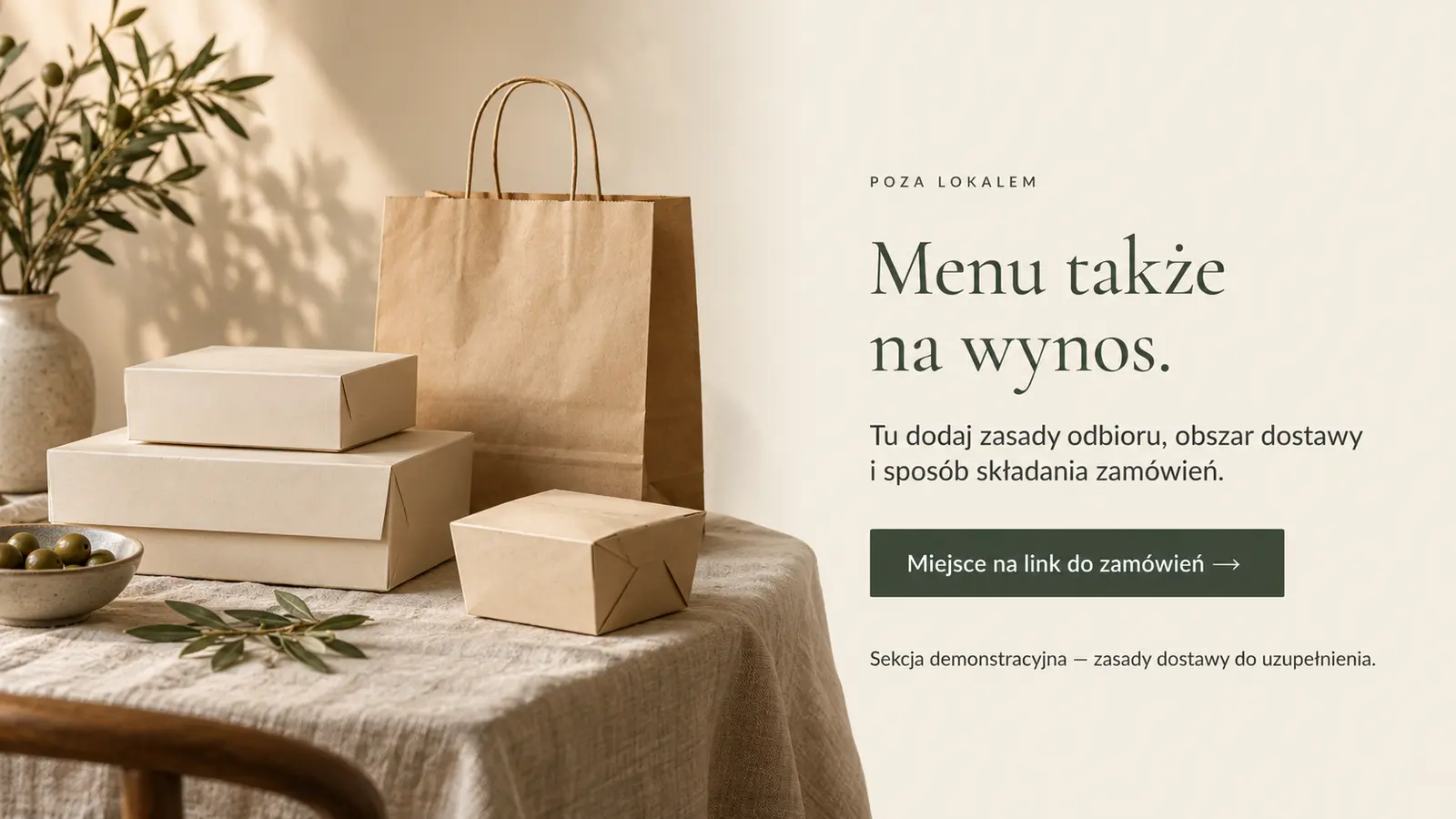 Projekt szablonu Premium dla restauracji — sekcja Miejsce na odbiór i dostawę