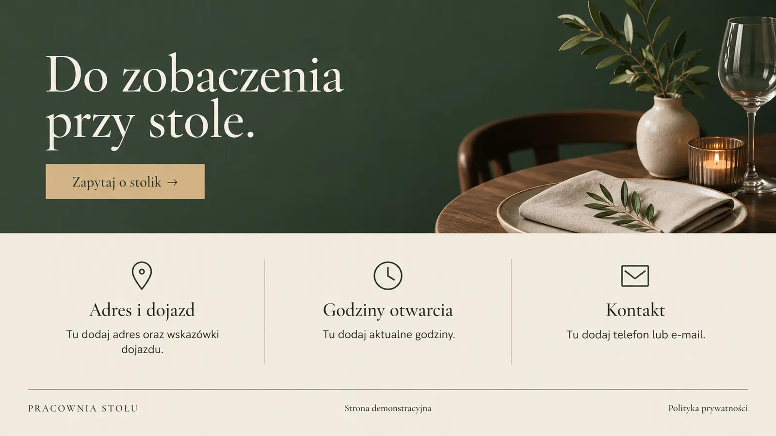 Projekt szablonu Premium dla restauracji — sekcja Kontakt, godziny i dojazd