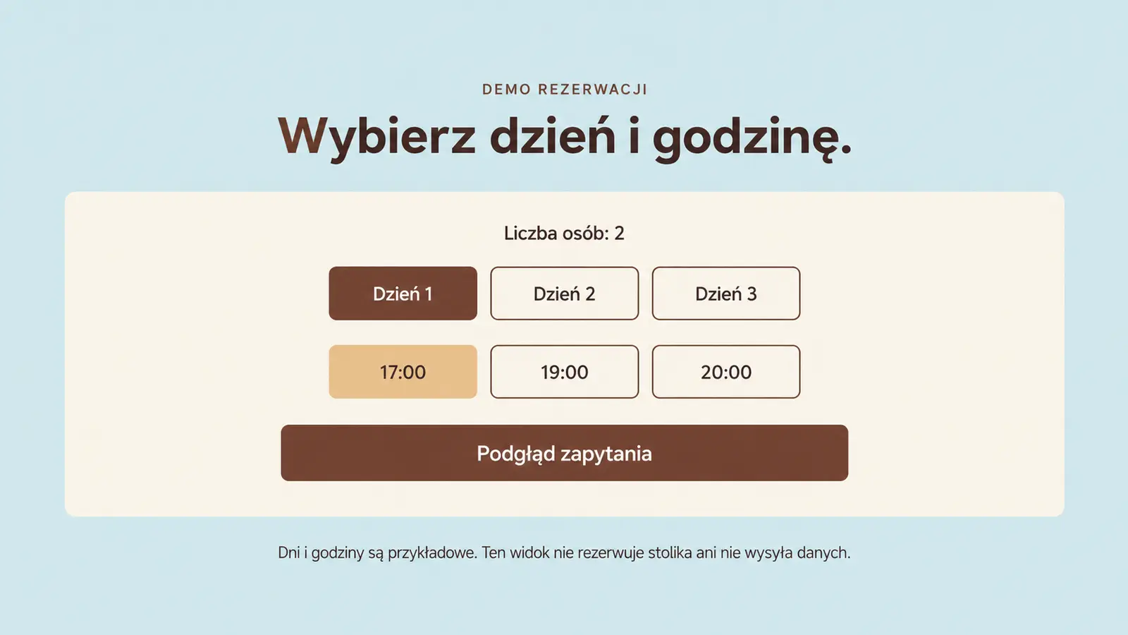 Projekt szablonu Rezerwacje dla restauracji — sekcja Wybór terminu