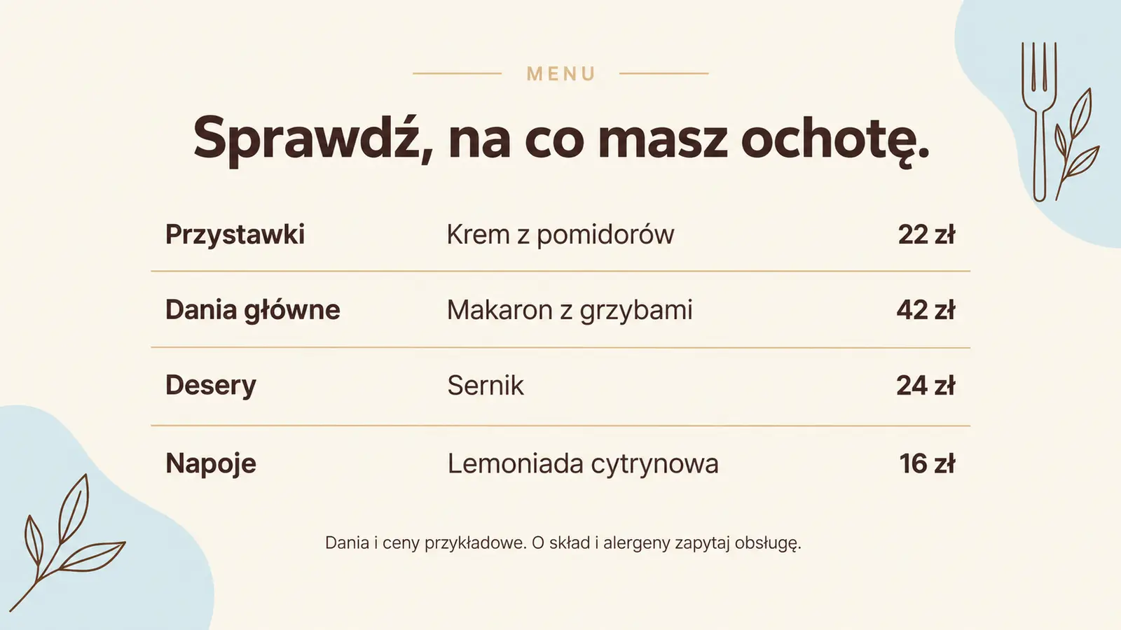 Projekt szablonu Rezerwacje dla restauracji — sekcja Tekstowe menu