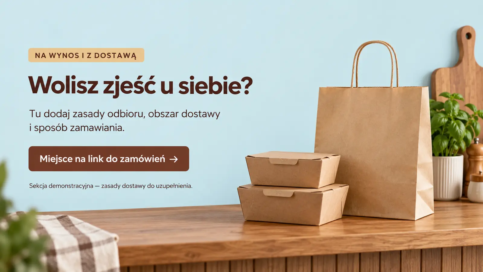 Projekt szablonu Rezerwacje dla restauracji — sekcja Miejsce na zamówienia poza lokalem