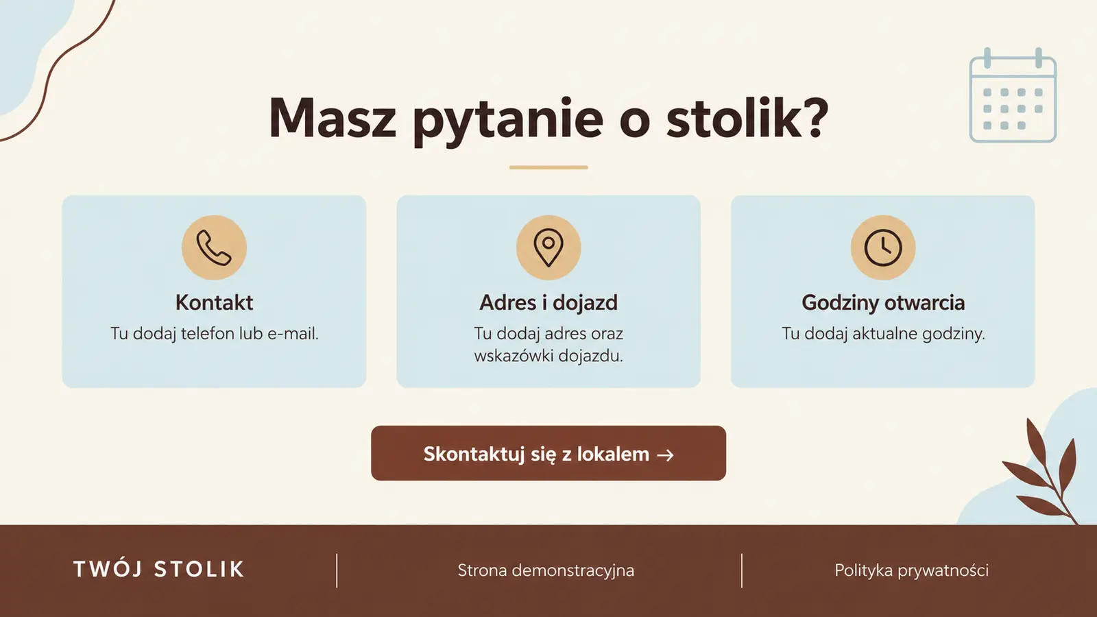 Projekt szablonu Rezerwacje dla restauracji — sekcja Kontakt, godziny i dojazd