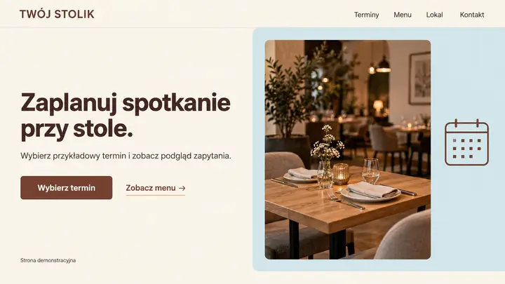 Projekt szablonu Rezerwacje dla branży Restauracja — pierwszy ekran