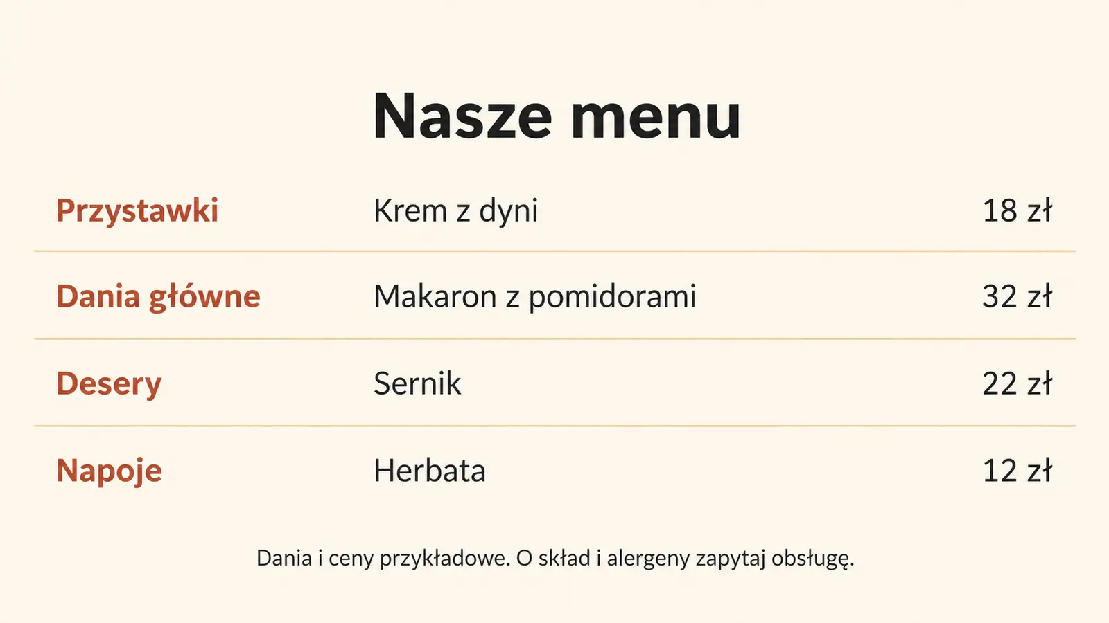Projekt szablonu Wizytówka dla restauracji — sekcja Menu w tekście