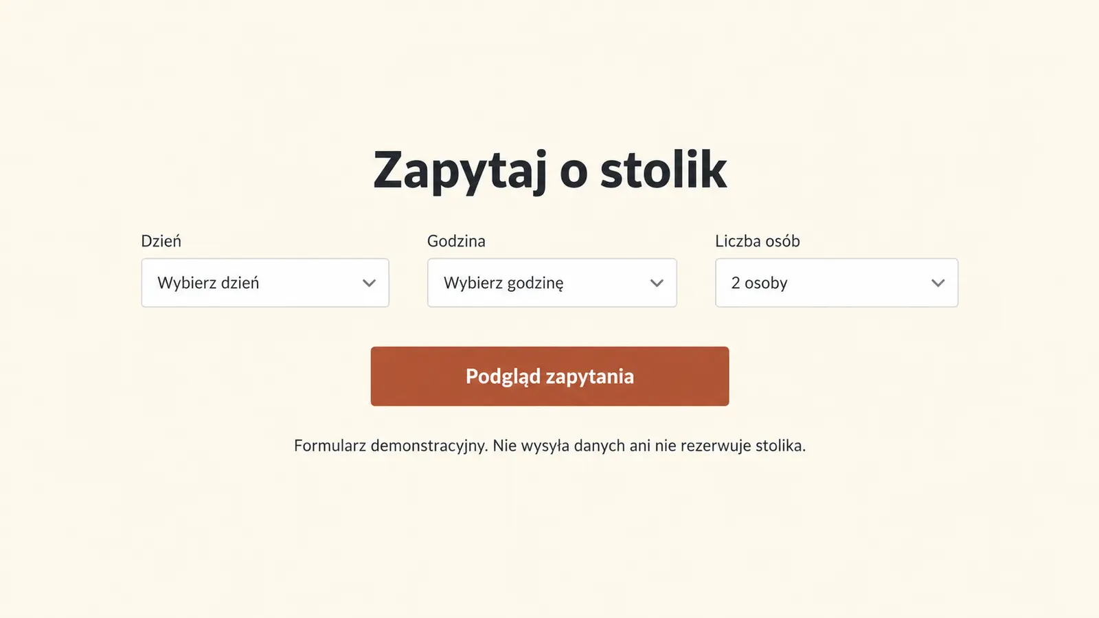Projekt szablonu Wizytówka dla restauracji — sekcja Zapytanie o stolik
