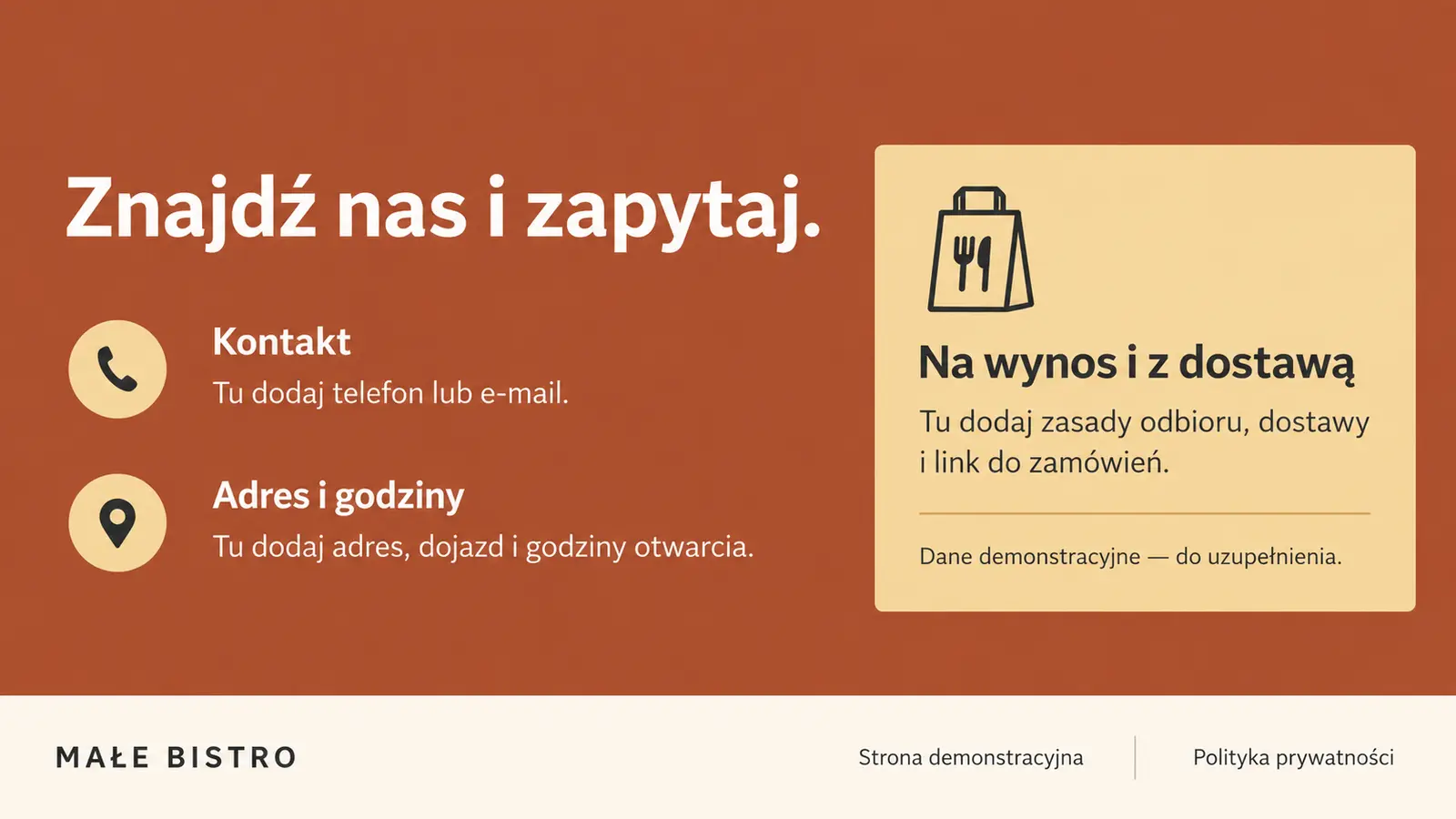 Projekt szablonu Wizytówka dla restauracji — sekcja Kontakt, dojazd i dostawa