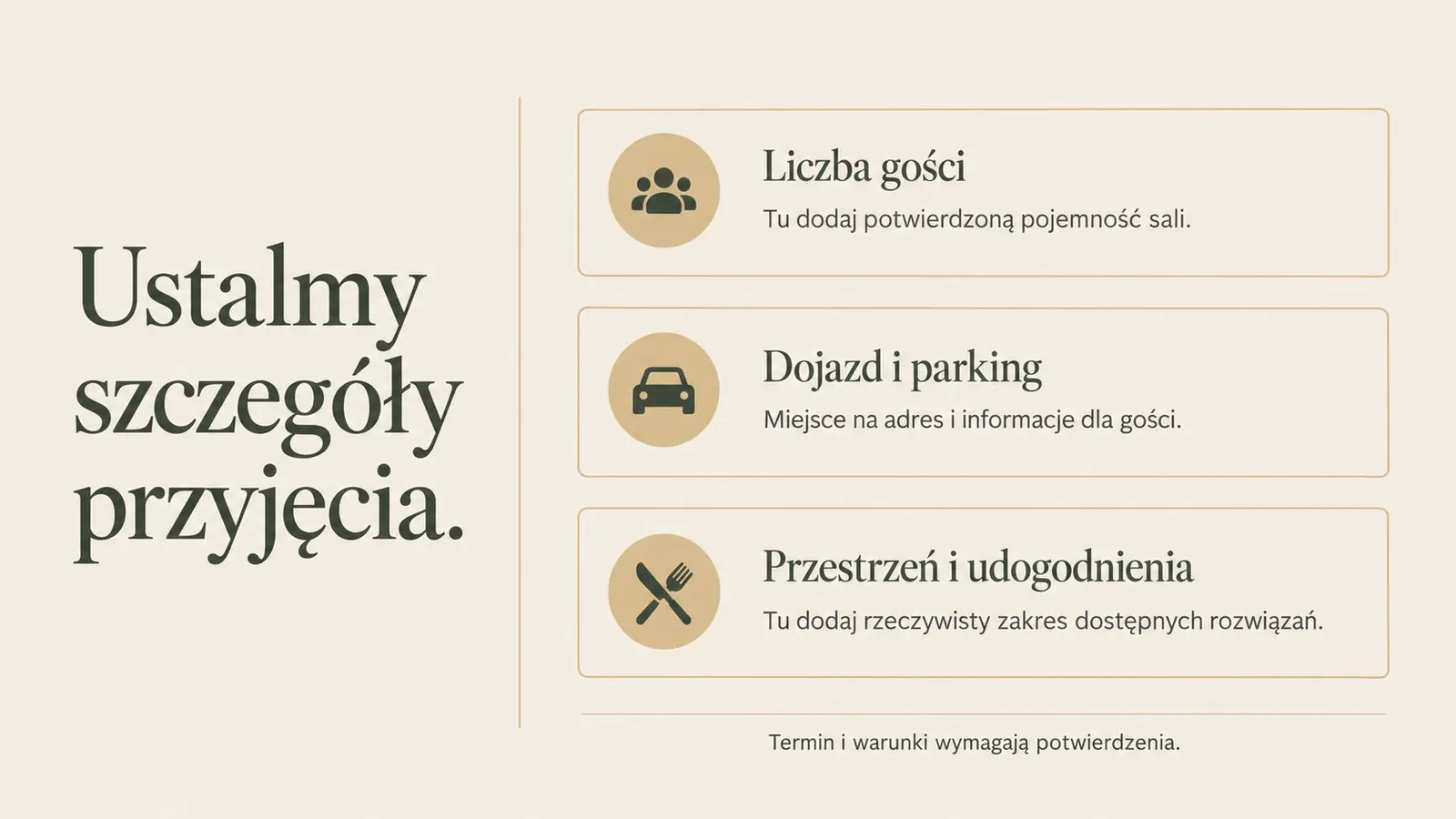 Projekt szablonu Klasyczny dla sali weselnej — sekcja Informacje praktyczne