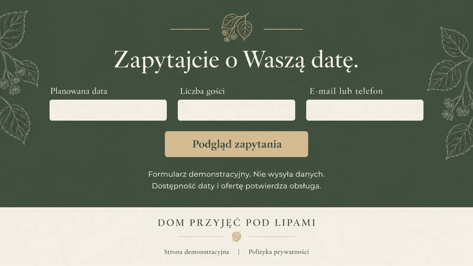 Projekt szablonu Klasyczny dla sali weselnej — sekcja Zapytanie o datę