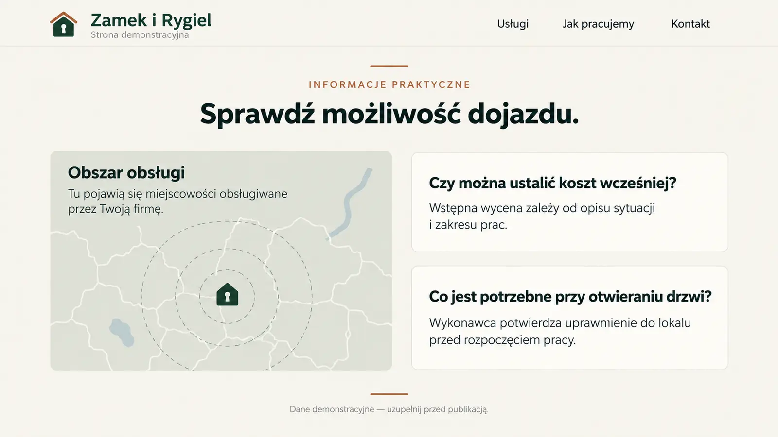 Projekt szablonu Klasyczny dla ślusarza — sekcja Obszar obsługi i pytania