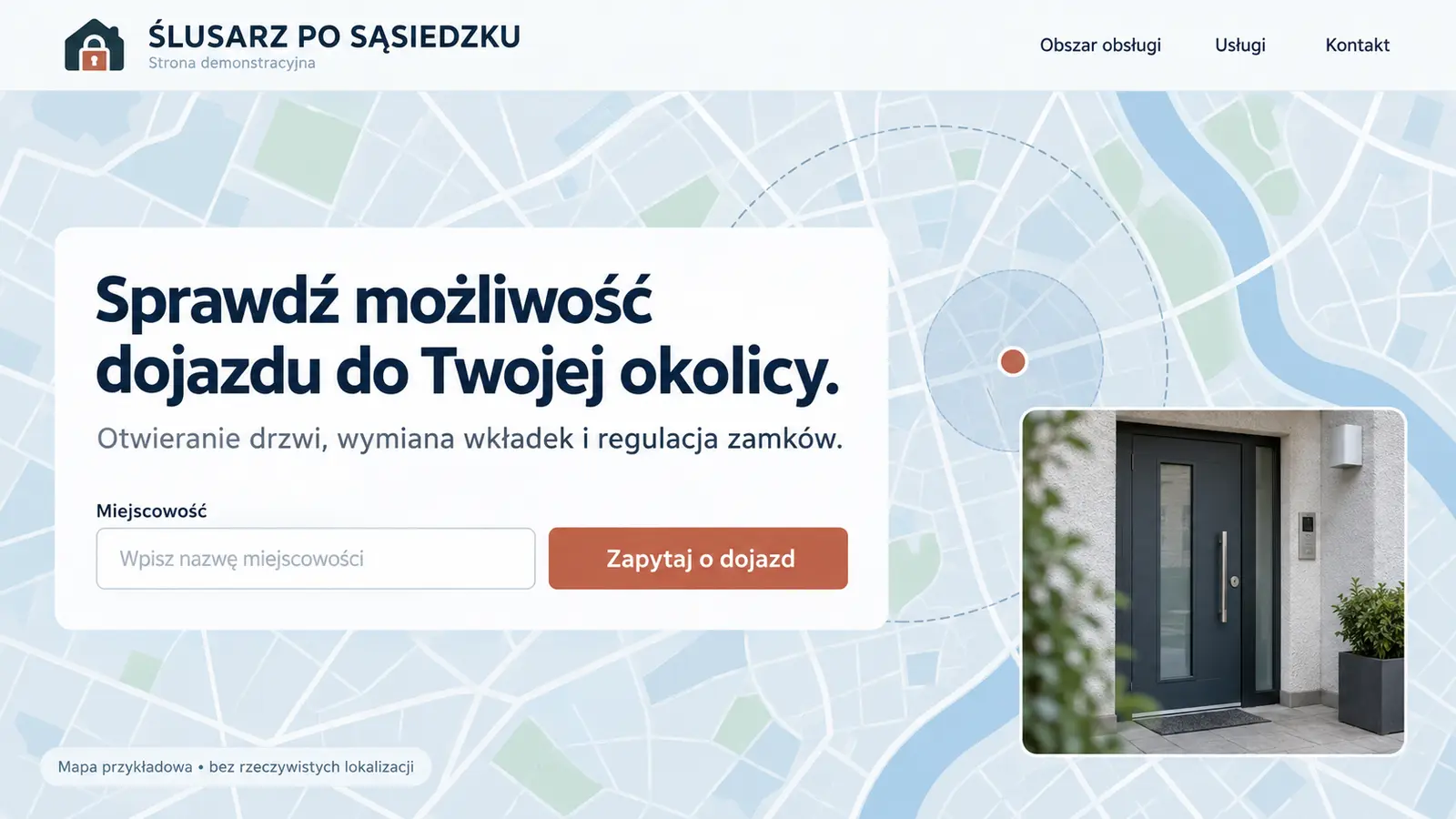 Projekt szablonu Lokalny dla ślusarza — sekcja Mapa i zapytanie o dojazd