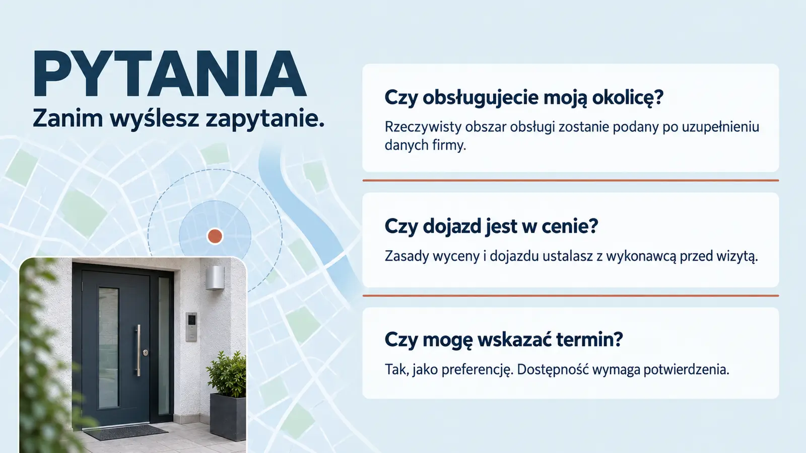 Projekt szablonu Lokalny dla ślusarza — sekcja Pytania o dojazd