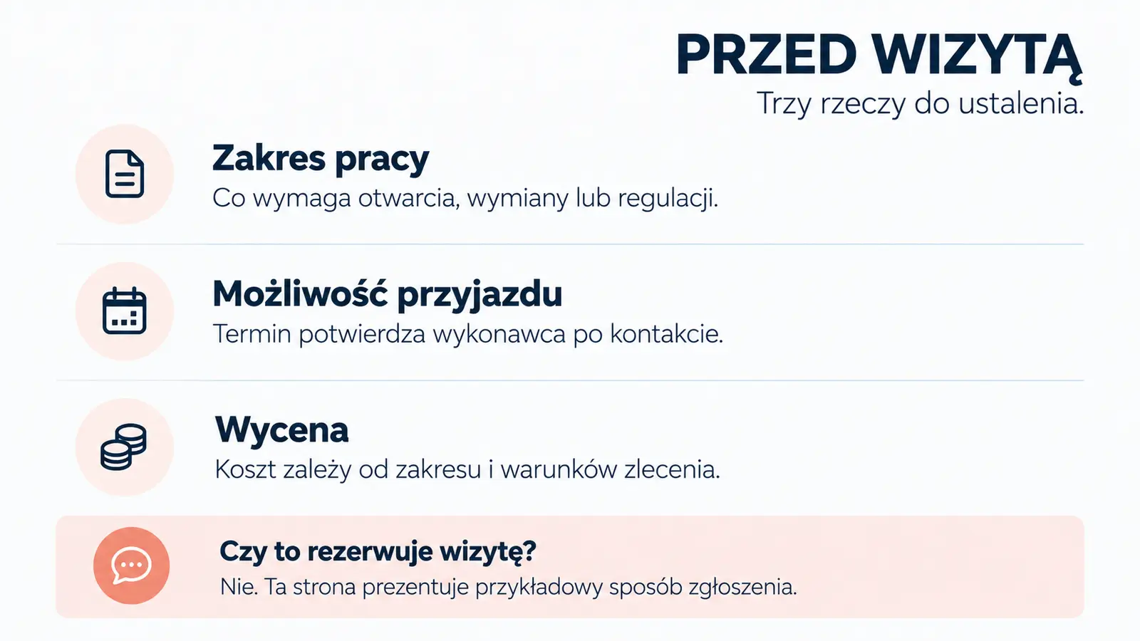 Projekt szablonu Szybki kontakt dla ślusarza — sekcja Ustalenia i pytania