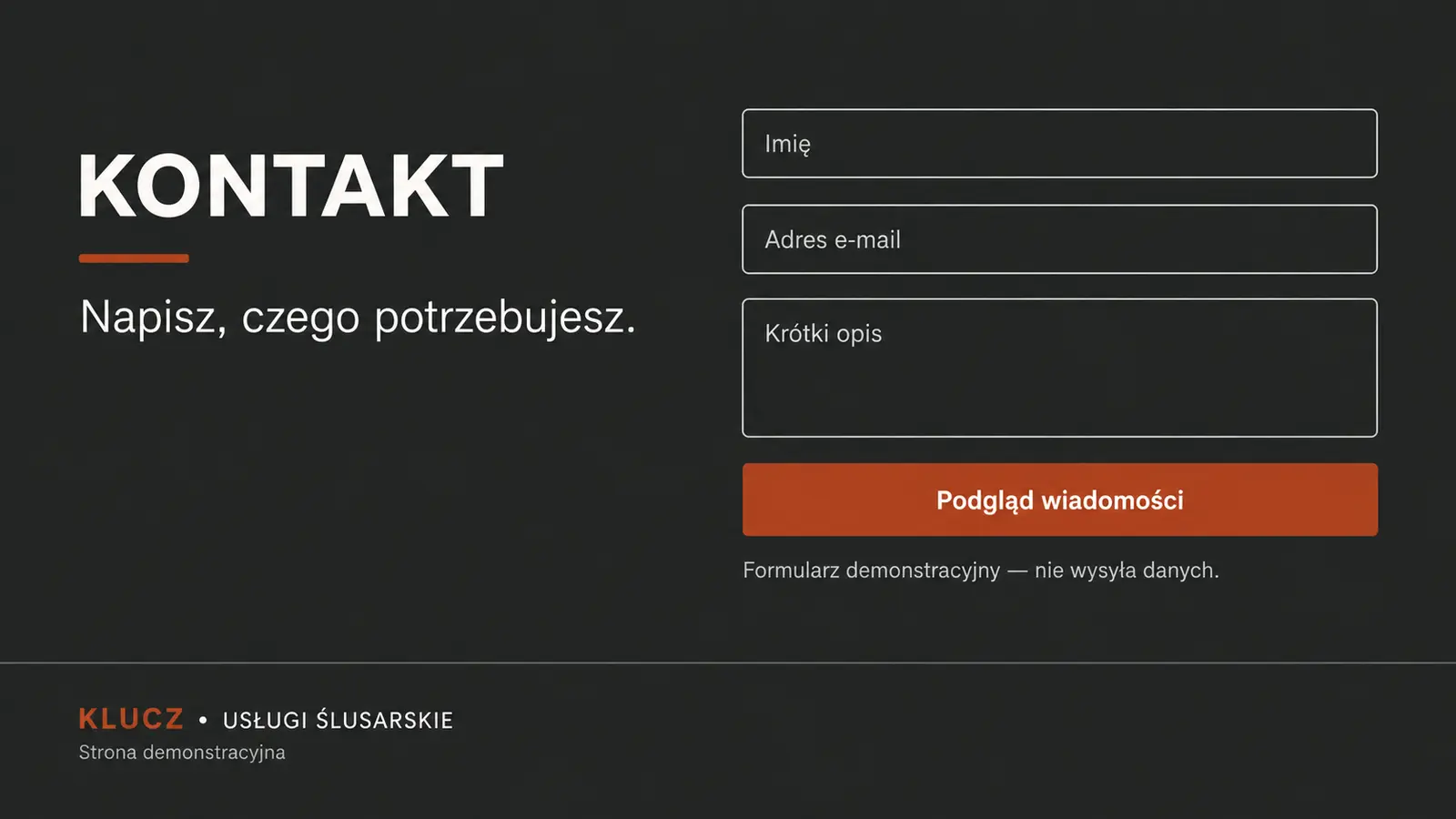 Projekt szablonu Wizytówka dla ślusarza — sekcja Kontakt i stopka