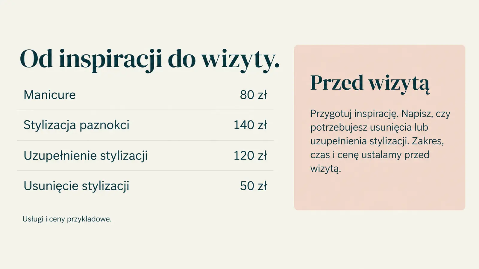 Projekt szablonu Galeria dla stylistki paznokci — sekcja Usługi i przygotowanie